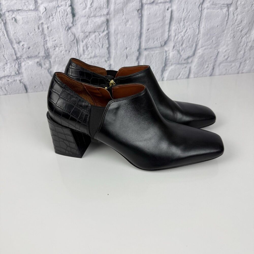 Vionic Linda Heeled Shooties Ankle Bootie Black Leather Croc Embossed Women 11